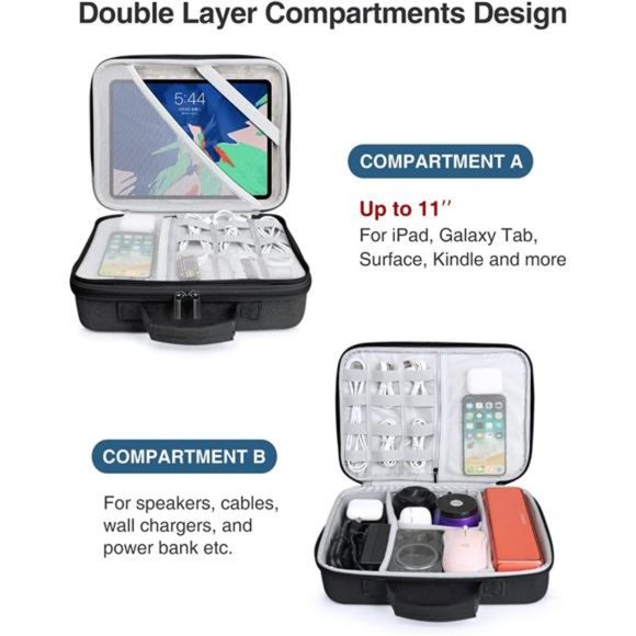 Large Electronics Organizer, 11’’ Hard Case, Shockproof Bag with Shoulder Strap - Picture 3 of 6